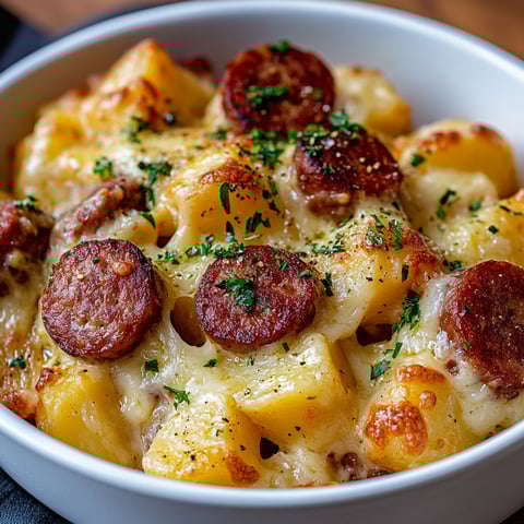 A bowl of food with sausage and cheese.